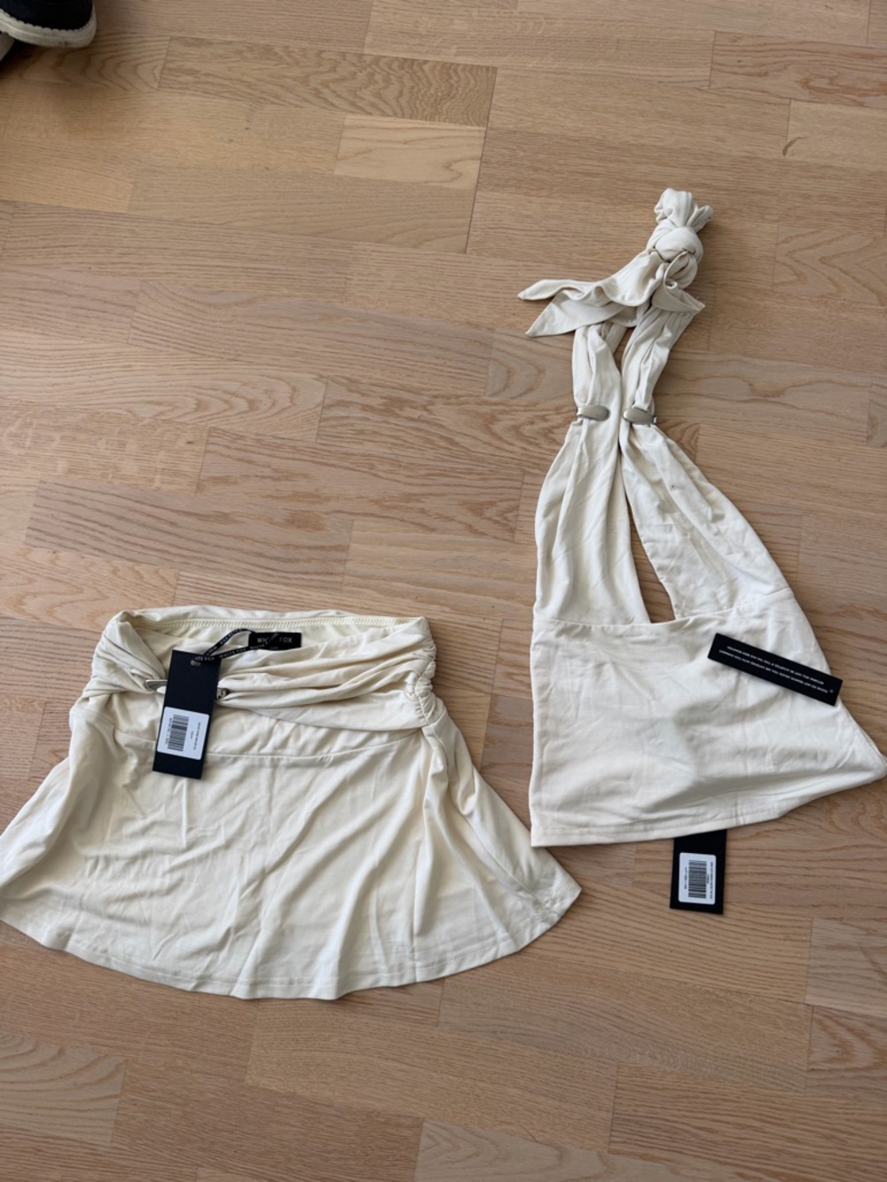 White Fox Boutique Cream Two-Piece Halter Top and Mini Skirt Set
